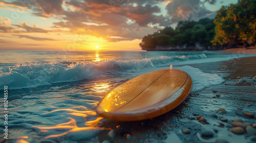 Surfboard on the beach at sunset photo