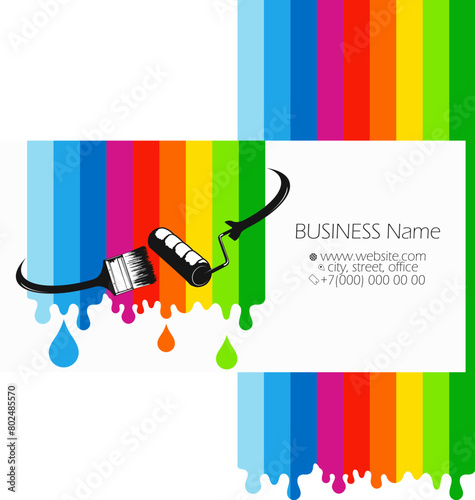 Brush roller and waves of colored paint, painter's business card