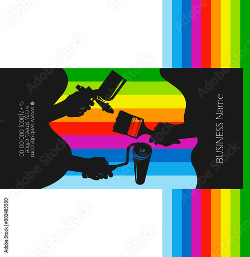 Brush roller and spray gun in hand, business card of a painter