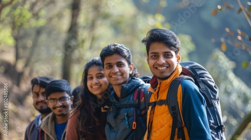 Friends enjoying a nature hike together, with backpacks and cheerful expressions