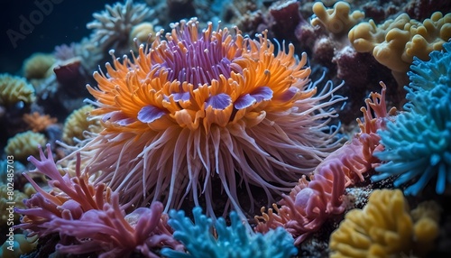 Colorful macro shot of a sea anemone with its tentacles extended, surrounded by other marine life © nizar