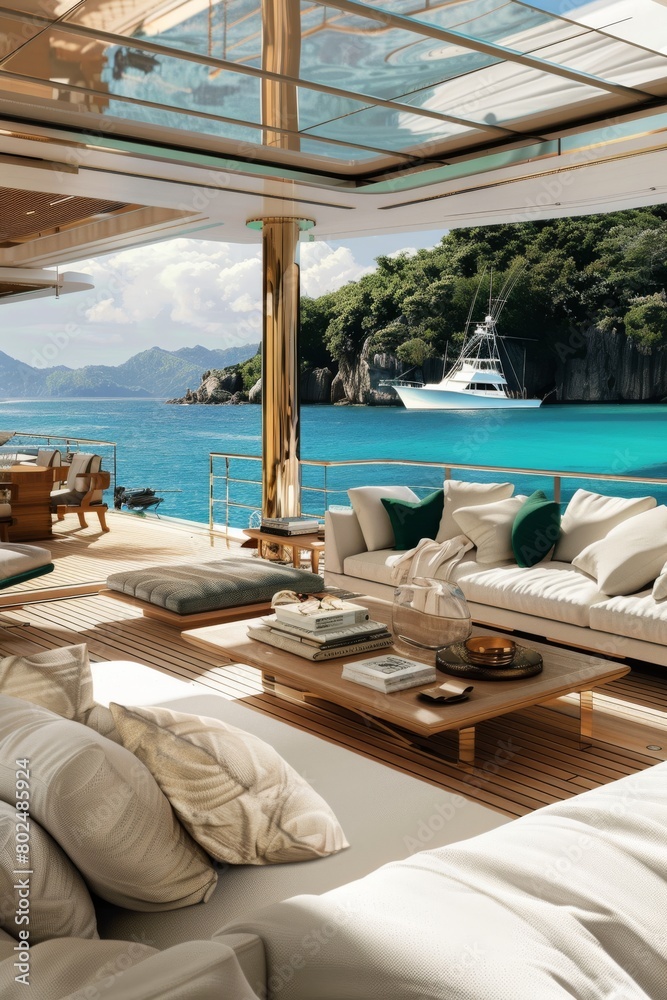 Fototapeta premium Opulent yacht interior featuring comfortable seating with a stunning view of turquoise blue sea and mountains