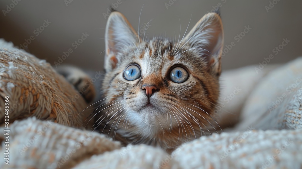 Pets and lifestyle concept. Gray tabby kitten with blue eyes close up in front of gray background.