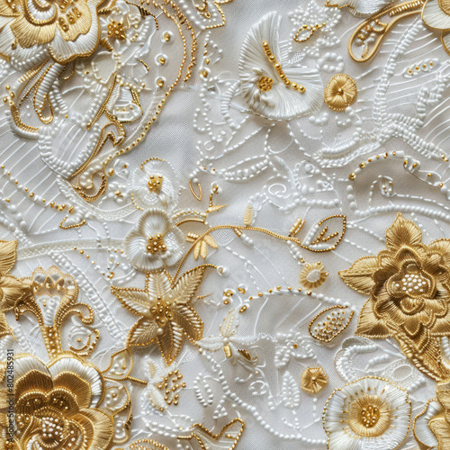 Seamless pattern of white and golden embroidery on white lace fabric