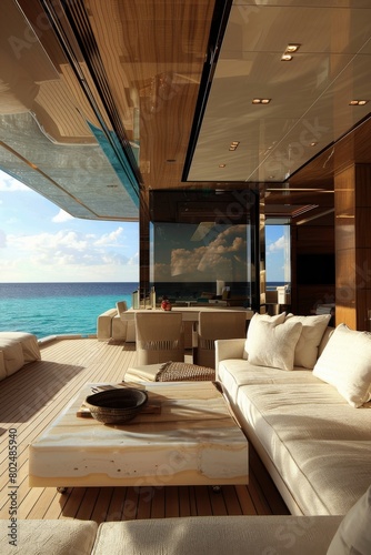 Serene yacht deck with modern furniture facing a calm ocean under a golden sunset sky