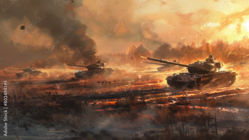 Obraz premium Modern tanks on a battlefield created with Generative AI