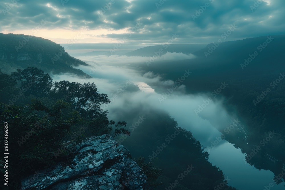 Moody Dawn over Hawks Nest. Aerial Shot of Appalachian Landscape with River and Sky Viewed