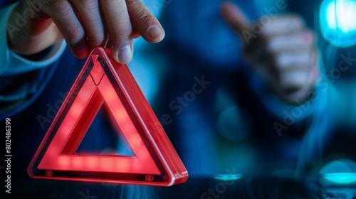 Problem and error warning concept. Businessman touching on triangle caution warning sign, automatic warning system for notification error and maintenance. Incident, risk, contingency management. 