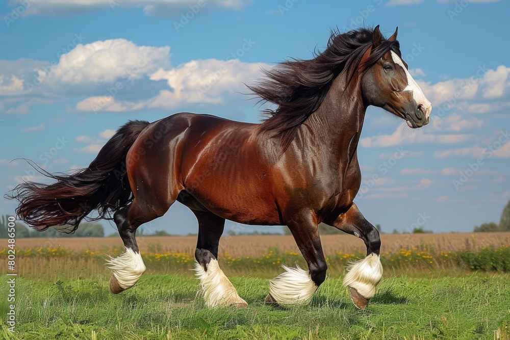 Obraz premium Majestic Shire Horse and Clydesdale Horse: Powerful Draft Horses in Black and Brown, Ideal for Fast