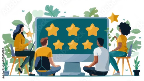 A client feedback or review concept and online service evaluation, representing happy clients. Miniaturized people with a huge computer monitor with stars indicating rank and rating, men and women