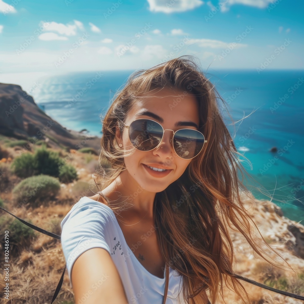 Girl on Cliff Selfie, Panoramic Sea View, Taking Pictures in Picturesque Places, Woman Tourist Girl on Cliff Selfie, Panoramic Sea View, Taking Pictures in Picturesque Places, Woman Tourist