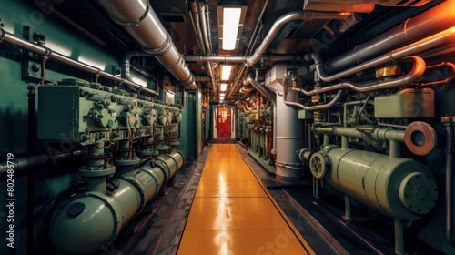 Cruise ship engine room interior with watertight doors.AI generated image