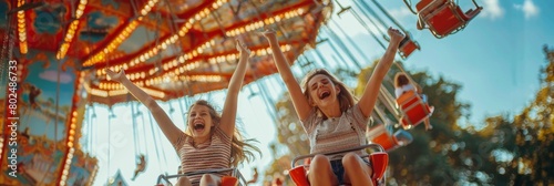 Carousel fun, Happy friends on merry go round in amusement park on a summer day photo