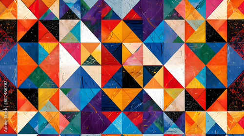 A photograph of a vibrant geometric pattern made up of small, intricate squares and triangles in a kaleidoscope of colors