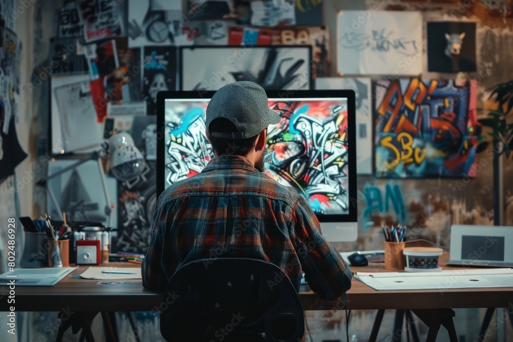 A creative artist is intently focusing on designing vibrant digital graffiti artwork in a modern studio
