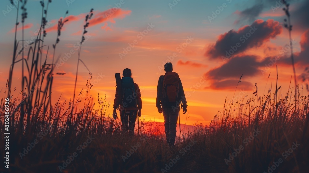 happy couple in love walking along countryside, reached their destination, drinking coffee at the sunset. Love, hiking and active lifestyle concept happy couple in love walking along countryside, reached their destination, drinking coffee at the sunset. Love, hiking and active lifestyle concept