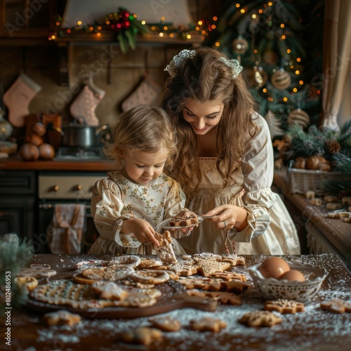 Family cooking Christmas dessert together, mother with children making Christmas cookies in kitchen