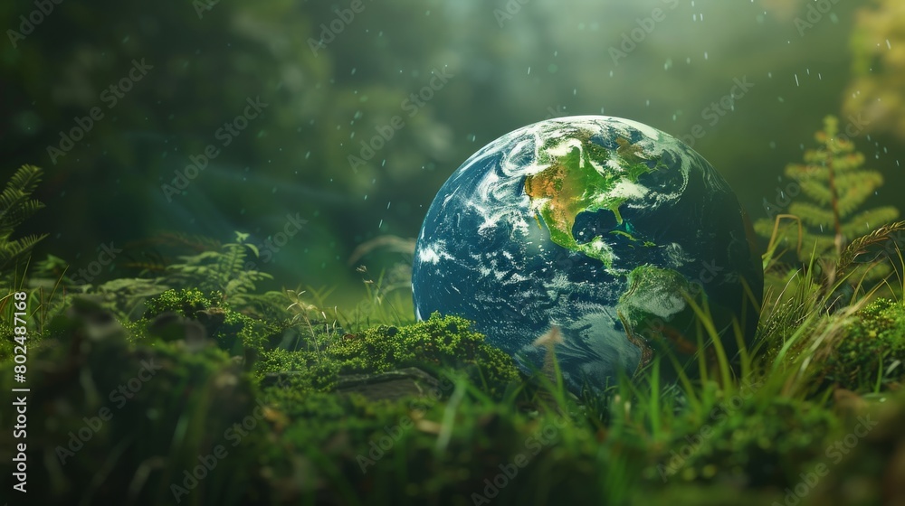 The image depicts Earth in a mystical forest setting with a soft rainfall, showcasing tranquility and the cycle of life