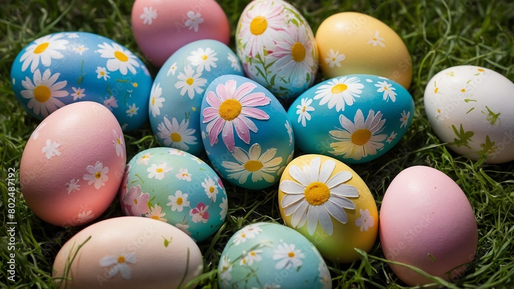 Collection of brightly colored easter eggs rests on bed of vibrant green grass. Eggs, painted in pastel shades of pink, blue, yellow, green, adorned with delicate white daisies.