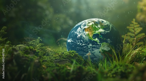 The image depicts Earth in a mystical forest setting with a soft rainfall  showcasing tranquility and the cycle of life