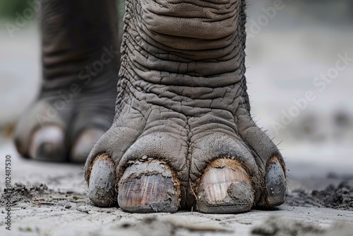 Closeup of Strong Elephant Leg and Toe on Cement Road - Nature and Animal Skin Detail photo