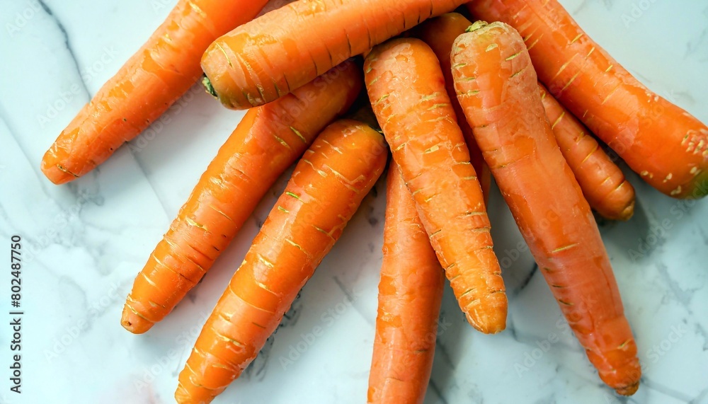 macro shot of scattered carrots on a white marble table top view macro shot of scattered carrots on a white marble table top view