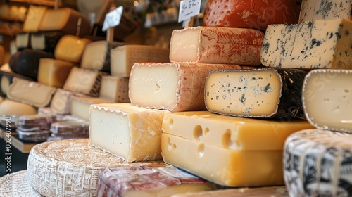 A delicious variety of cheeses, each with unique textures and colors, showcased with pricing tags at a local market photo