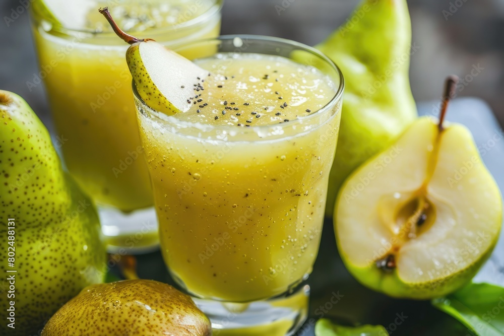 Fresh and Healthy Pear Smoothie in Two Glasses on Green Background. Perfect Drink for a Refreshing Fresh and Healthy Pear Smoothie in Two Glasses on Green Background. Perfect Drink for a Refreshing