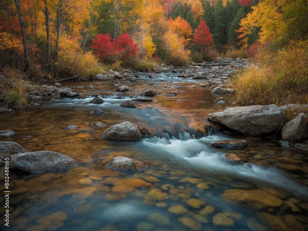 Crystal-clear river flows gently over smooth, rounded rocks, creating small cascades, pools of still water. Riverbanks lined with vibrant autumn foliage. Crystal-clear river flows gently over smooth, rounded rocks, creating small cascades, pools of still water. Riverbanks lined with vibrant autumn foliage.