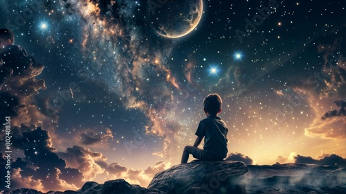 Young boy contemplating the universe on a moonlit night, surrounded by stars and cosmic clouds, International Children's Day
 photo