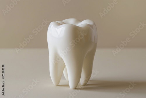 A glossy white ceramic model of a human molar stands prominently against a neutral beige background  embodying themes of dental health and hygiene.