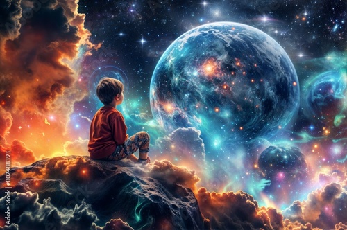Young boy marvels at a surreal cosmic landscape with vibrant planets and stars, celebrating International Children's Day photo