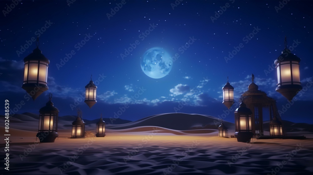 Illustration of Ramadan Kareem's background with lanterns in the desert