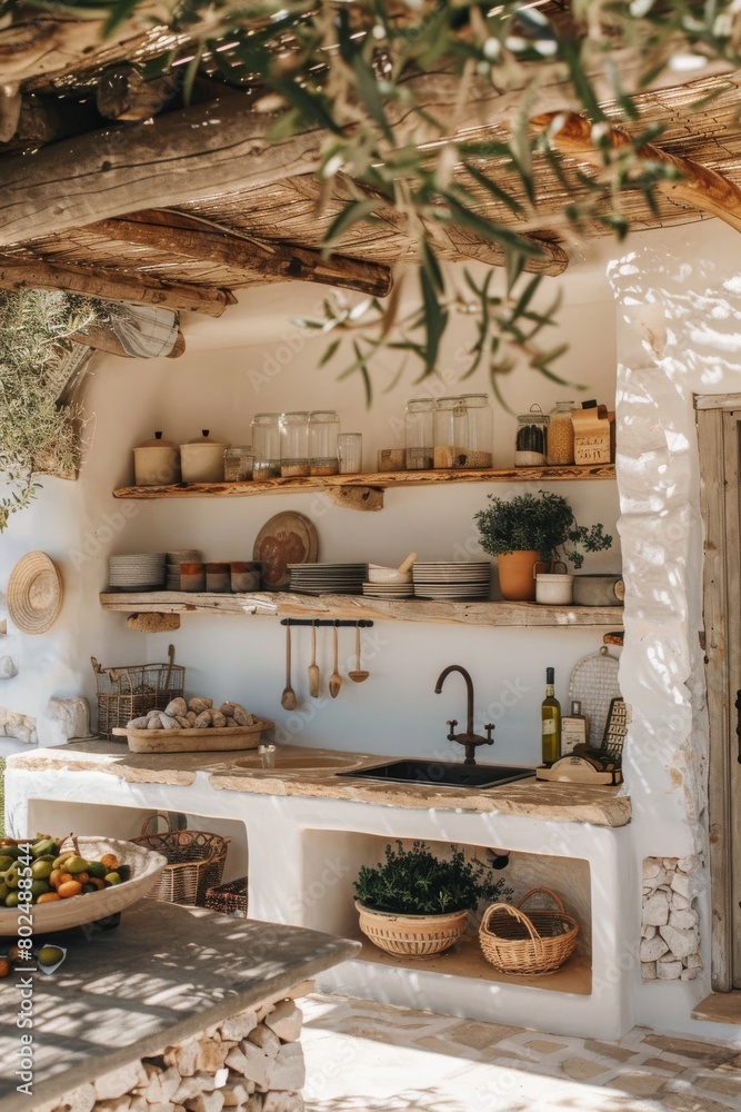 An idyllic outdoor kitchen space with white shelves, various cooking items, and hanging plants, exuding a cozy, rustic vibe