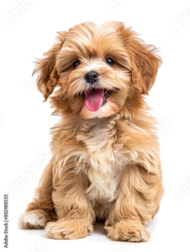 Cheerful Havanese Puppy Sitting Frontal with Adorable Tongue Out - Isolated on White Background