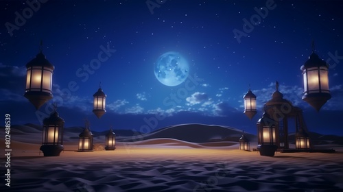 Illustration of Ramadan Kareem s background with lanterns in the desert