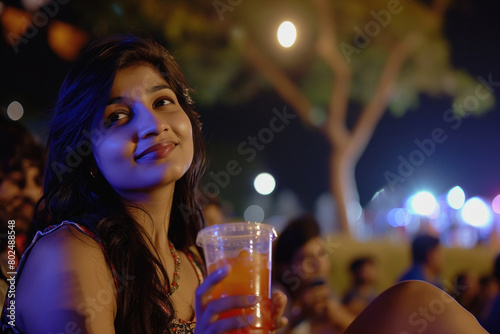Young beautiful woman sitting in the concert and holding soft drink glass in hand