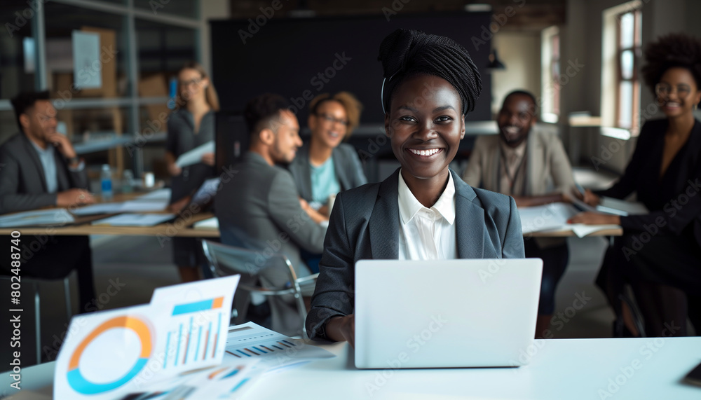 showing an African businesswoman smiling as she reviews positive data on her laptop, with colleagues discussing documents in the background, Meeting, Multicultural professional bus showing an African businesswoman smiling as she reviews positive data on her laptop, with colleagues discussing documents in the background, Meeting, Multicultural professional bus