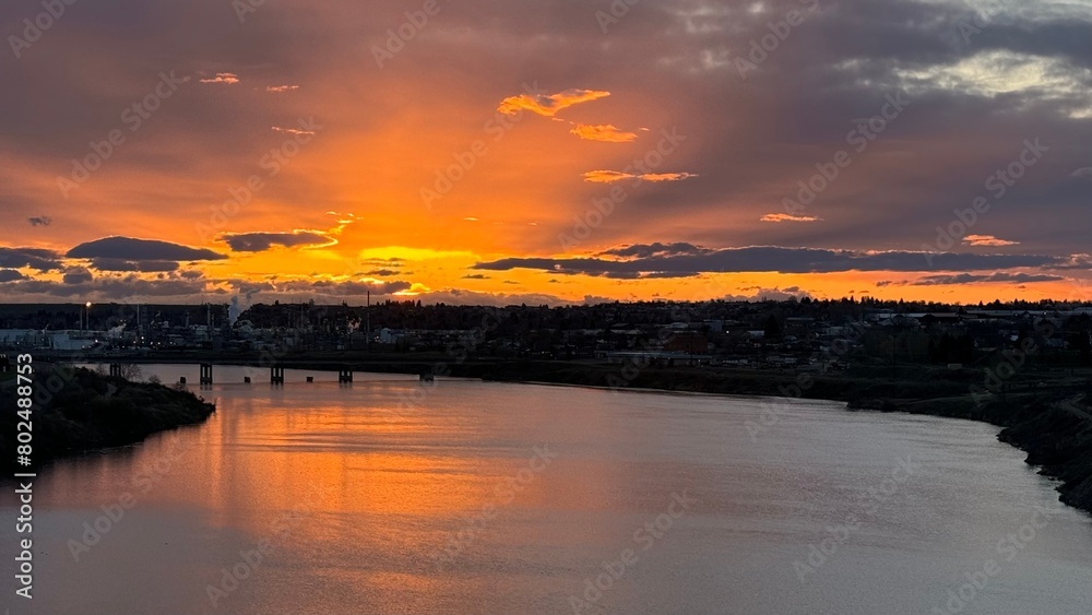 Sunset overlooking the Missouri River and the 10th St bridge, Great Falls, MT