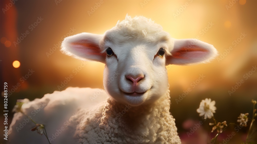 Close-up portrait of a white sheep looking at the camera on a farm