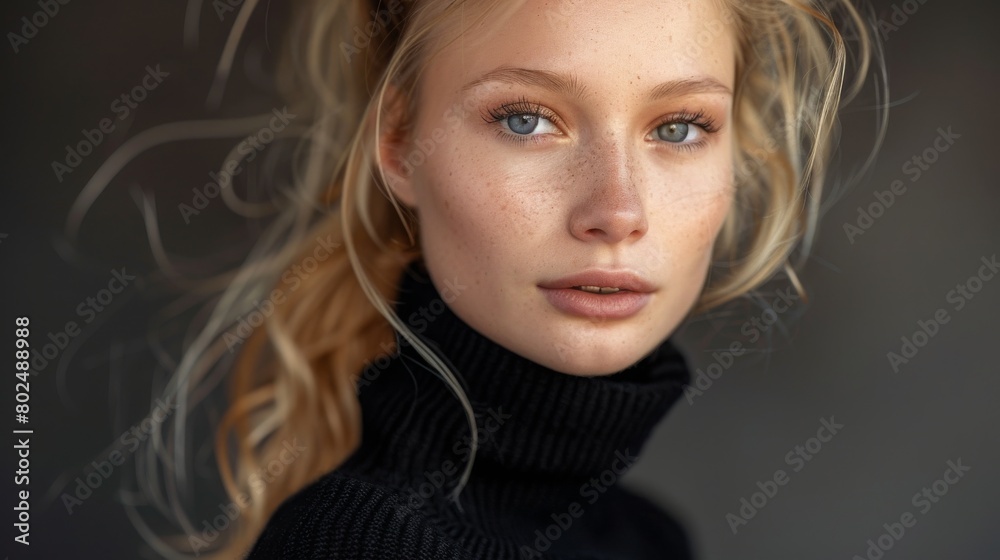 Naklejka premium Beautiful woman with make-up close-up studio portrait in RGB color split effect style. Model looking at camera with seductive eyes. Wearing black sweater. Futuristic looking style