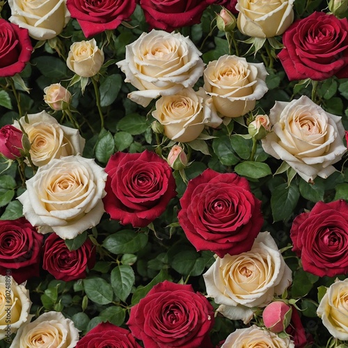 Large bouquet of roses arranged in seemingly random pattern. Roses in full bloom  variety of shades of red  white. Stems  leaves of roses green  healthy looking.