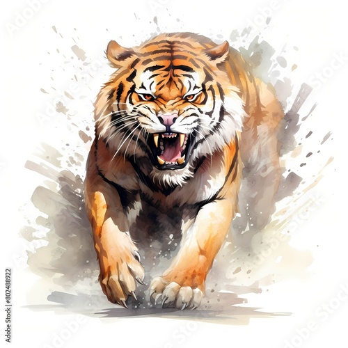 Angry tiger. Bengal tiger. Big wild cat clipart. Watercolor illustration. Generative AI. Detailed illustration.