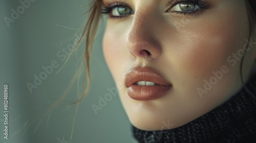Beautiful woman with make-up close-up studio portrait in RGB color split effect style. Model looking at camera with seductive eyes. Wearing black sweater. Futuristic looking style