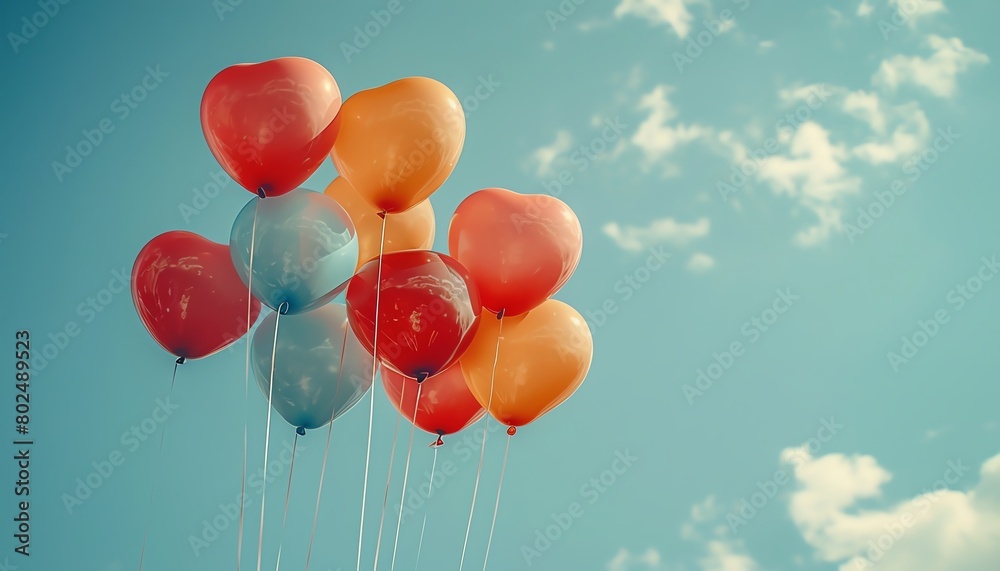 Heart balloons flying high, clear sky, vibrant colors, highangle shot Heart balloons flying high, clear sky, vibrant colors, highangle shot