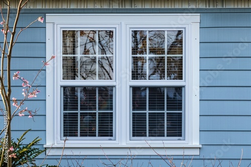 Elegant Double Hung Window with Vinyl Siding and White Grilles Dividing Sash - Perfect for Colonial