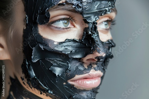 Black Peel Off Mask for Facial Care. Mud, Charcoal, and Carbo Formula for Clean Skin. Young Woman photo