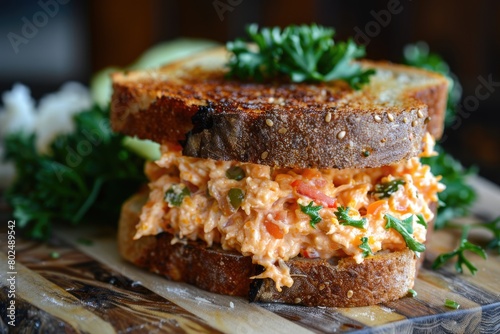 Delicious Homemade Pimento Cheese Sandwich with Cheddar, Colby, and Fresh Grated Cheese on Bread photo