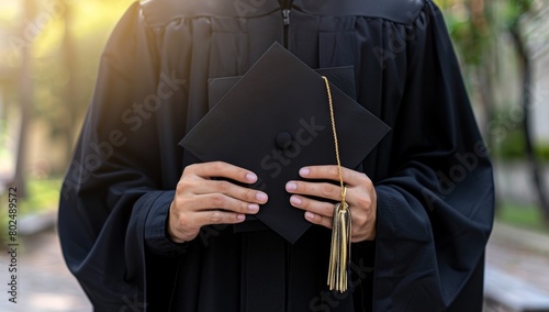 A person wearing black robes and holding an elegant graduation cap in their hands after completing college or university with a peacefully blurred background Generative AI photo