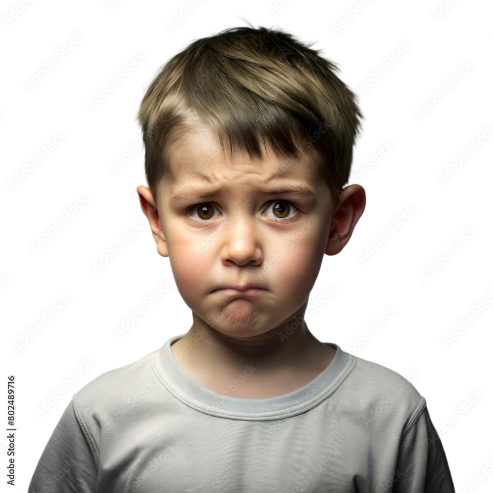 Young Boy With a Frown and Puzzled Expression on a Transparent Background Young Boy With a Frown and Puzzled Expression on a Transparent Background